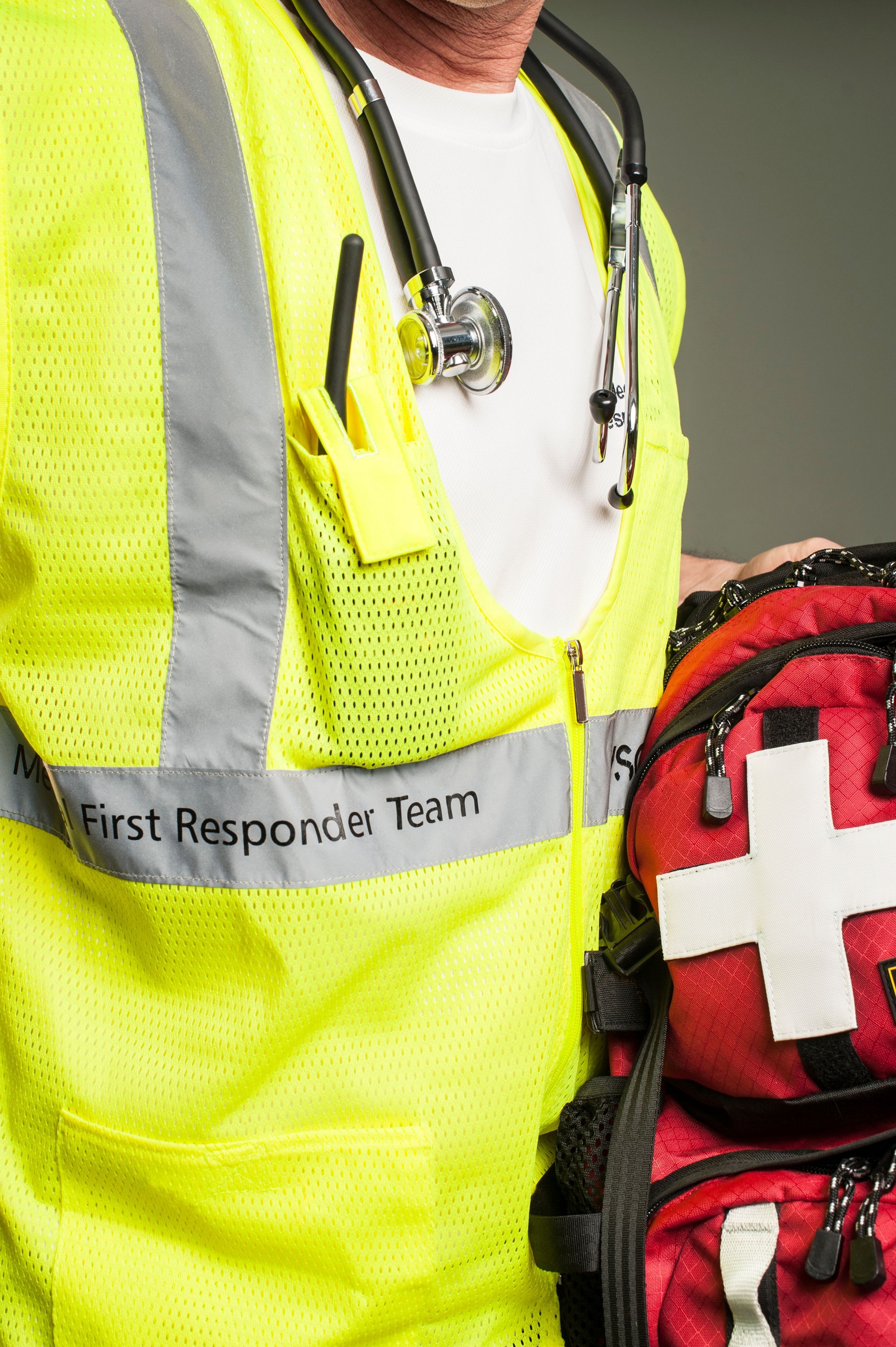 Medical First Responder with First Aid Back Pack, Stethoscope, Vest.